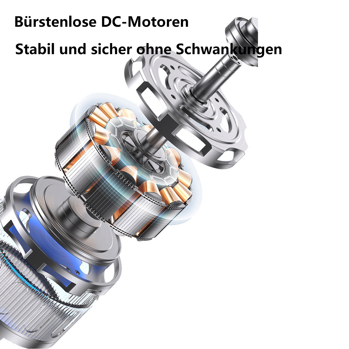 Schnittansicht eines Motors mit deutschem Text: Bürstenlose DC-Motoren. Stabil und sicher ohne Schwankungen.