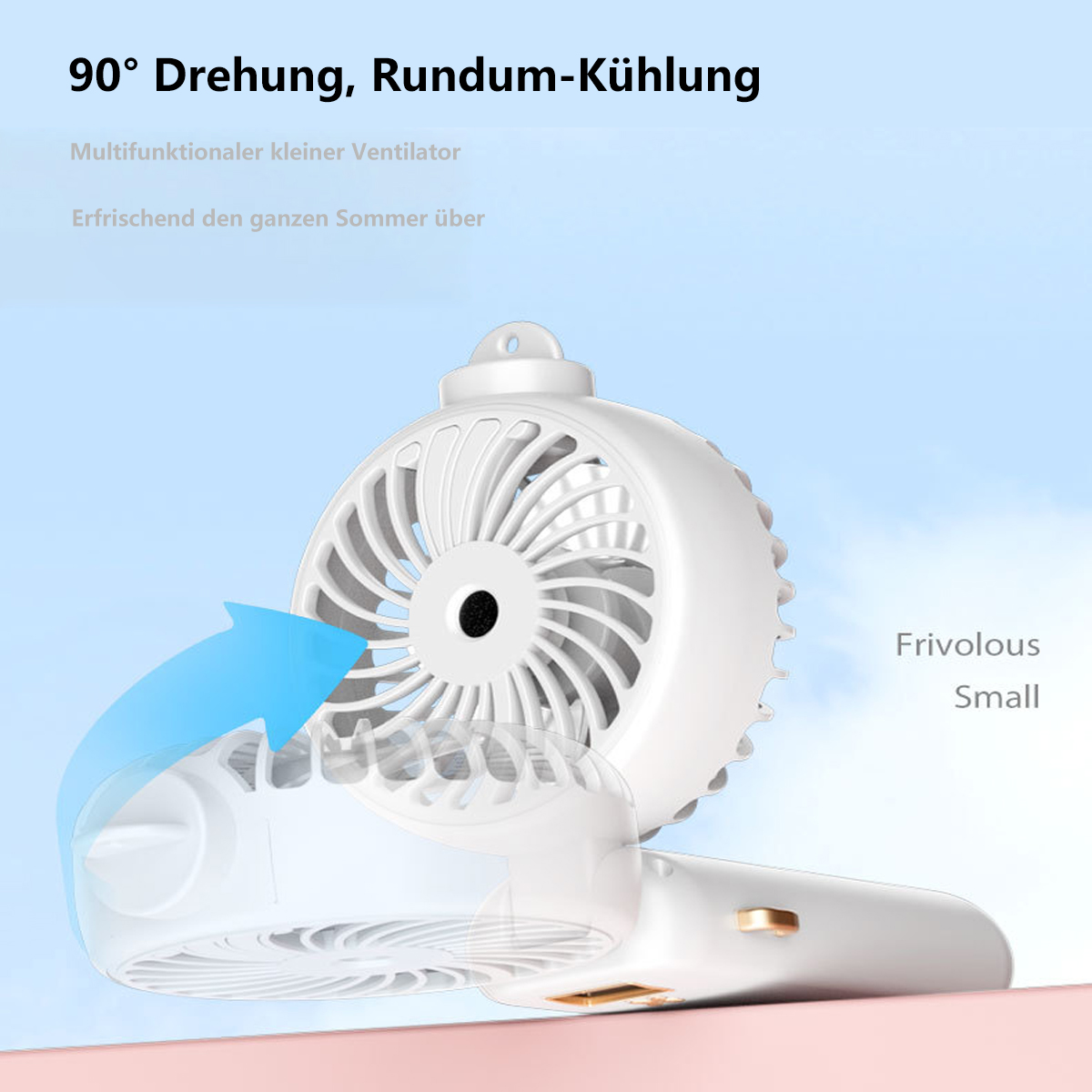 Weißer, faltbarer Ventilator mit offenem Design, blauer Pfeil; Text auf Deutsch und Englisch.