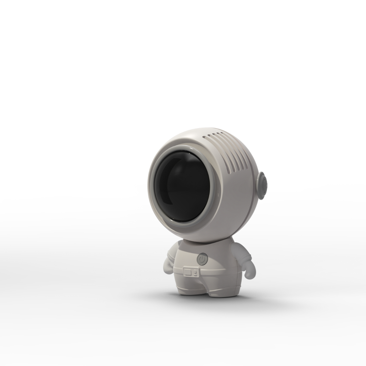 Un altavoz blanco con forma de astronauta sobre fondo blanco, con visor negro.