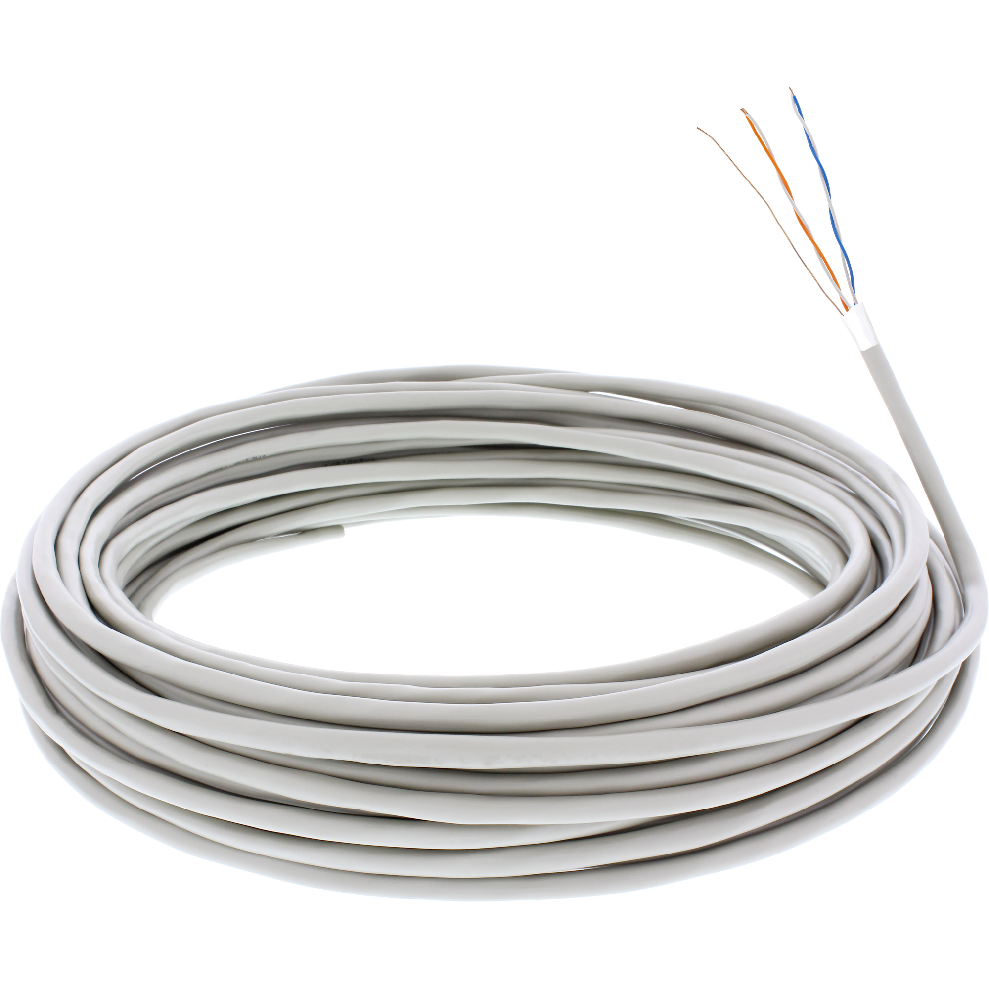 Ein aufgerolltes graues Kabel mit freiliegenden Drahtenden in verschiedenen Farben.