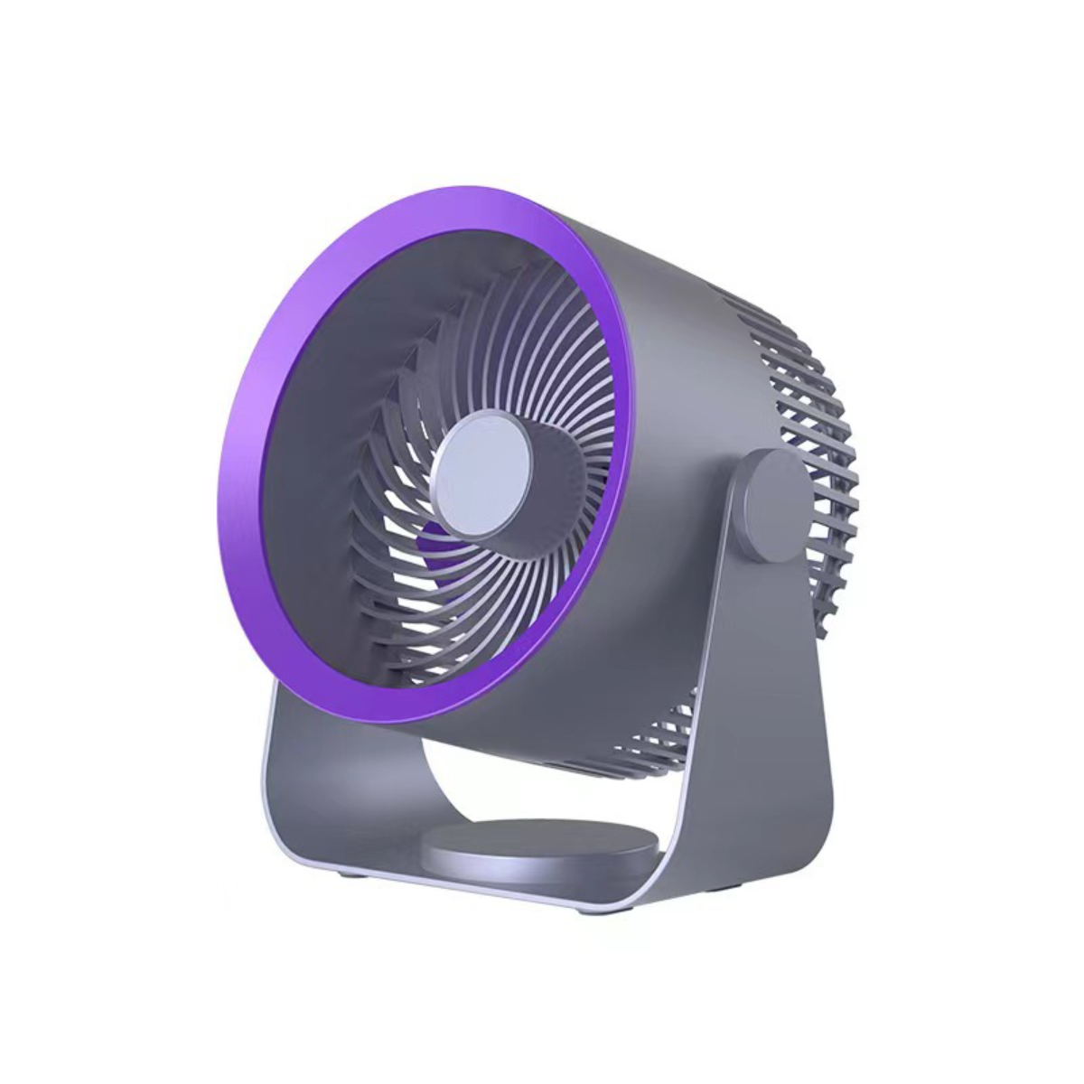 Grauer und violetter Ventilator. Es hat einen zylindrischen Körper und eine kreisförmige Basis.