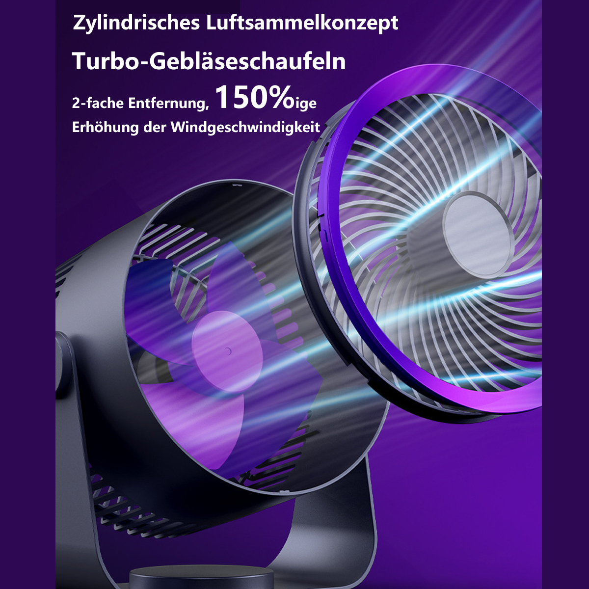 Ein schwarzer Ventilator mit lila Akzenten. Text und ein violetter Hintergrund sind vorhanden.