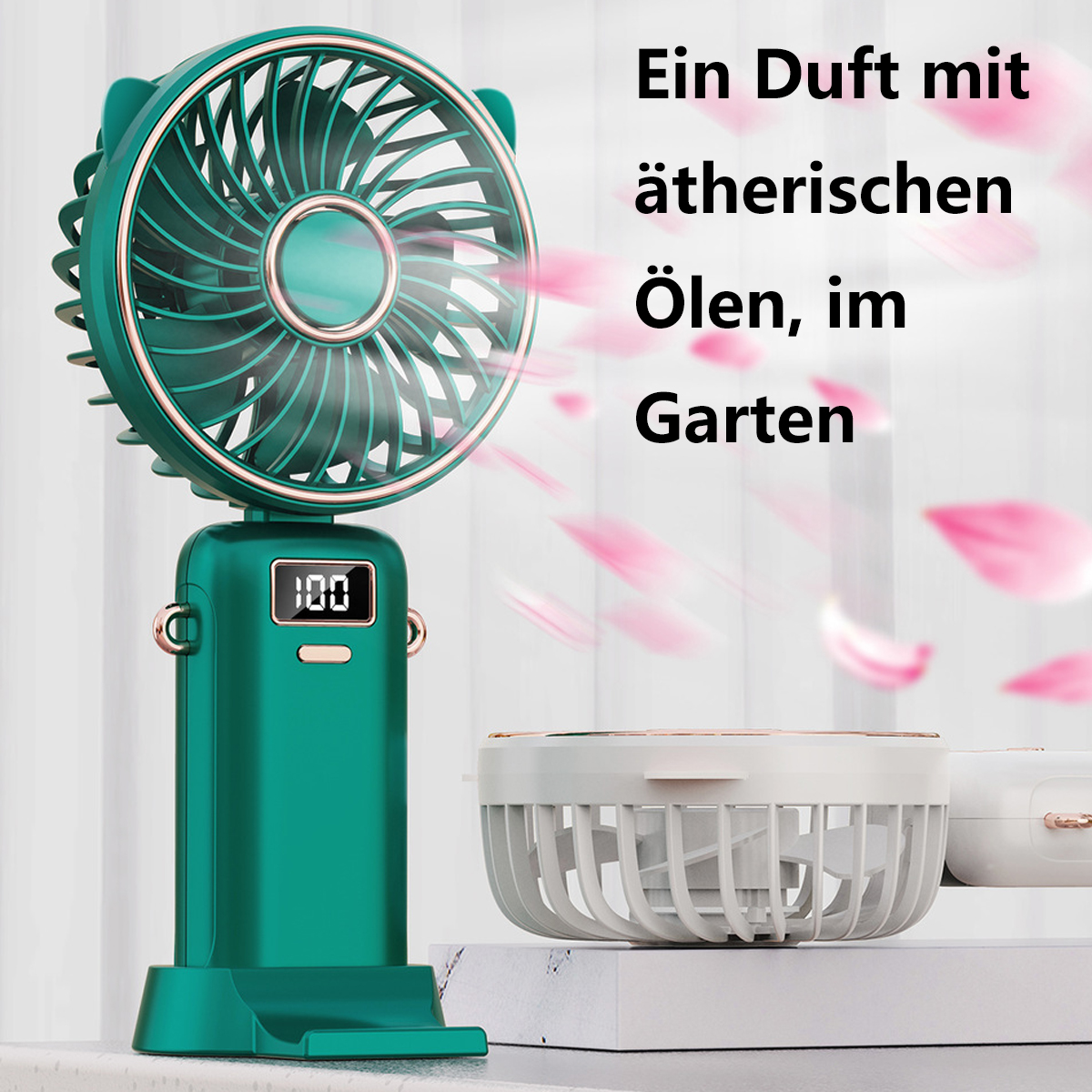 Ventilador verde con una pantalla digital que muestra 100. También hay un recipiente blanco y redondo.