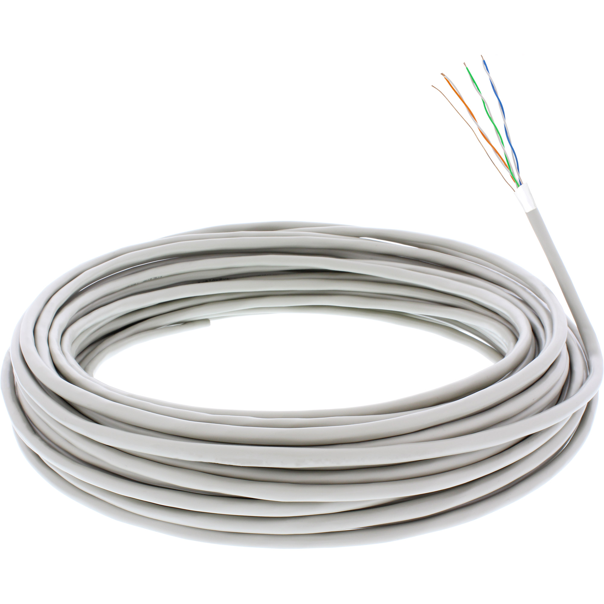 Ein graues Kabel mit farbigen Drähten am Ende, auf weißem Hintergrund.