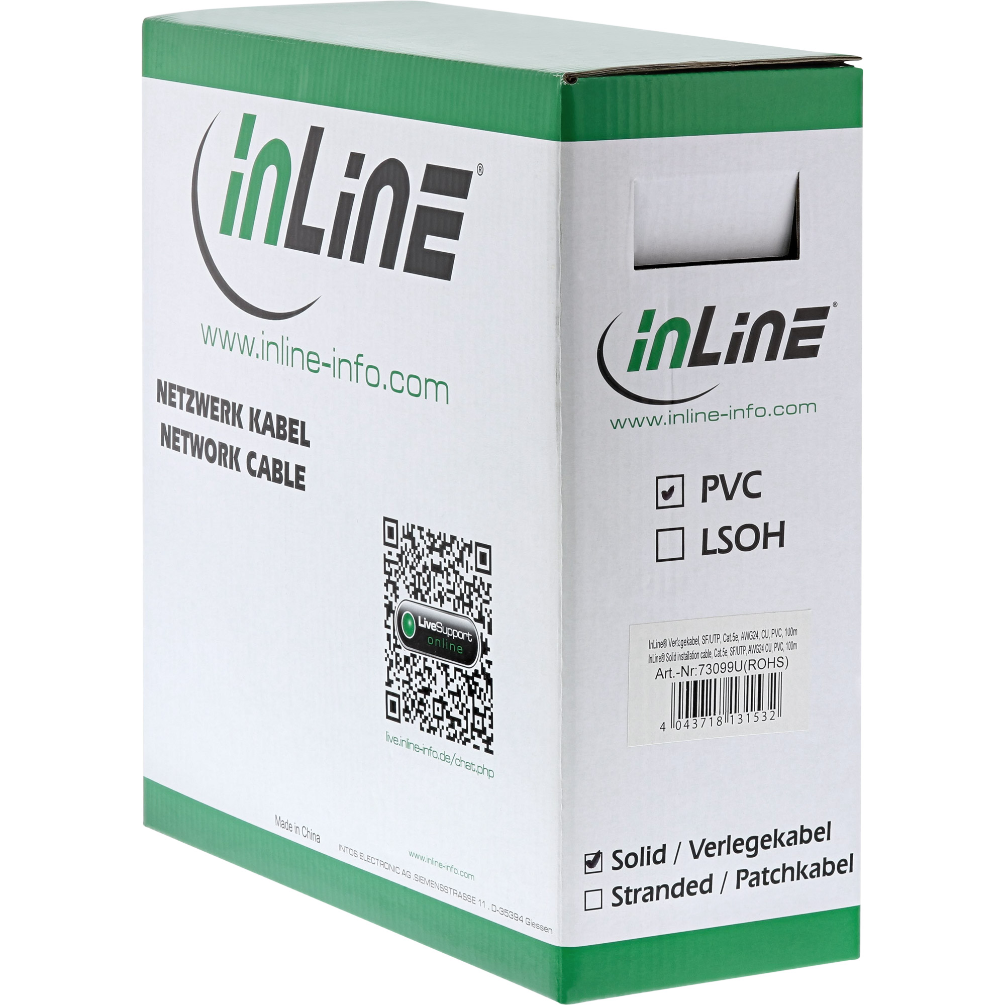 Una scatola verde e bianca di cavo di rete inLine. Il testo include 'Cavo di rete' e un codice QR.