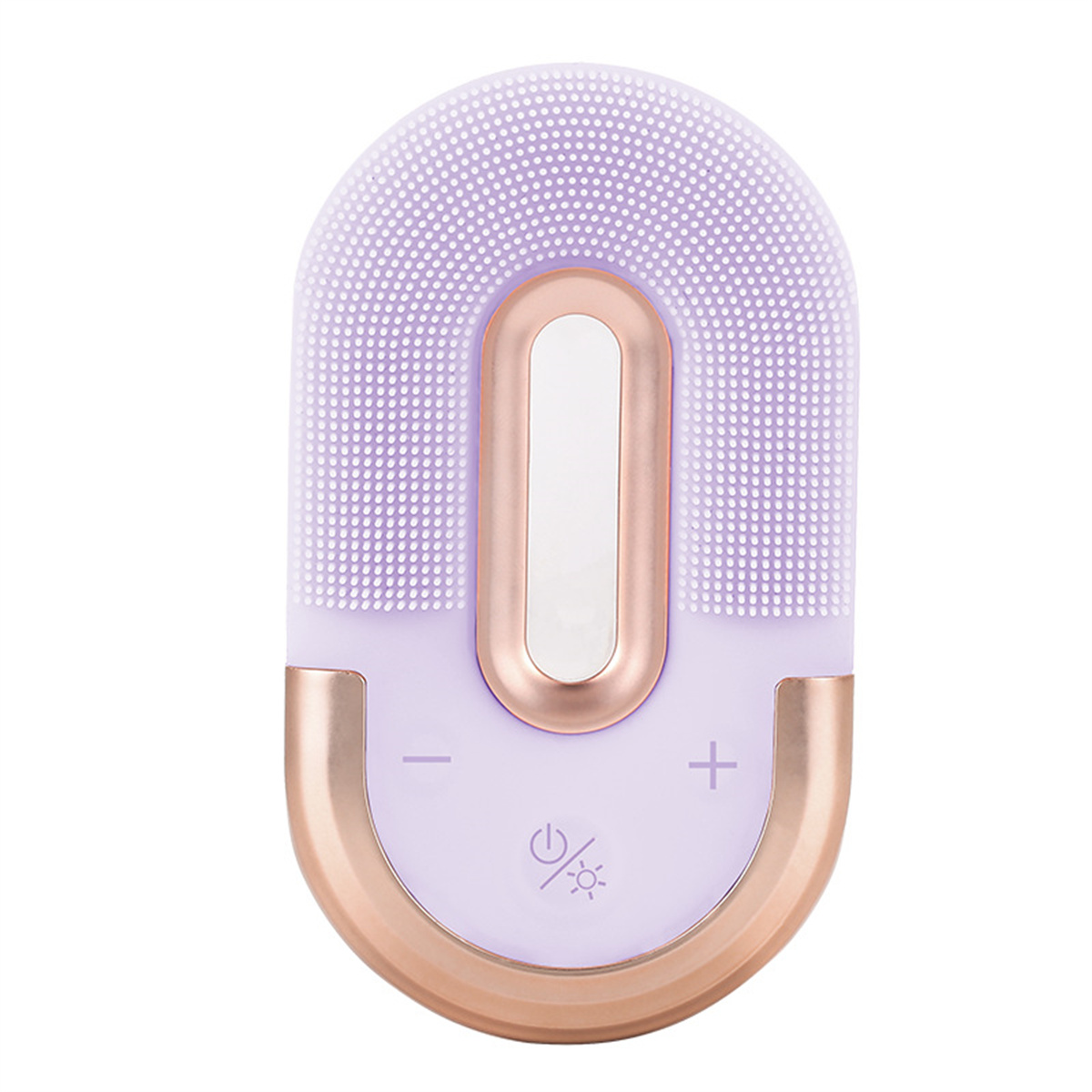 Lila-roségoldenes Gesichtsreinigungsgerät mit Bürstenkopf und Bedienelementen.