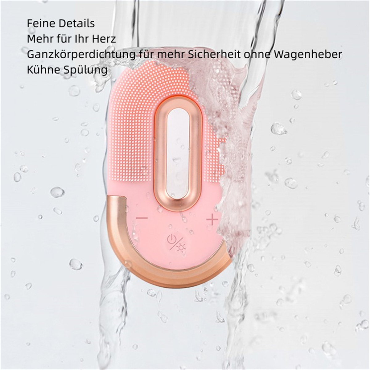 Ein pinkes und roségoldenes Gesichtsreinigungsgerät mit Wassertropfen und Text auf Deutsch.