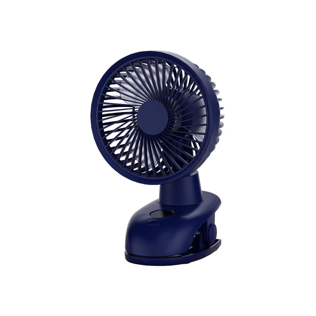 Ein dunkelblauer tragbarer Ventilator mit Clip, seitlich abgewinkelt, vor weißem Hintergrund.