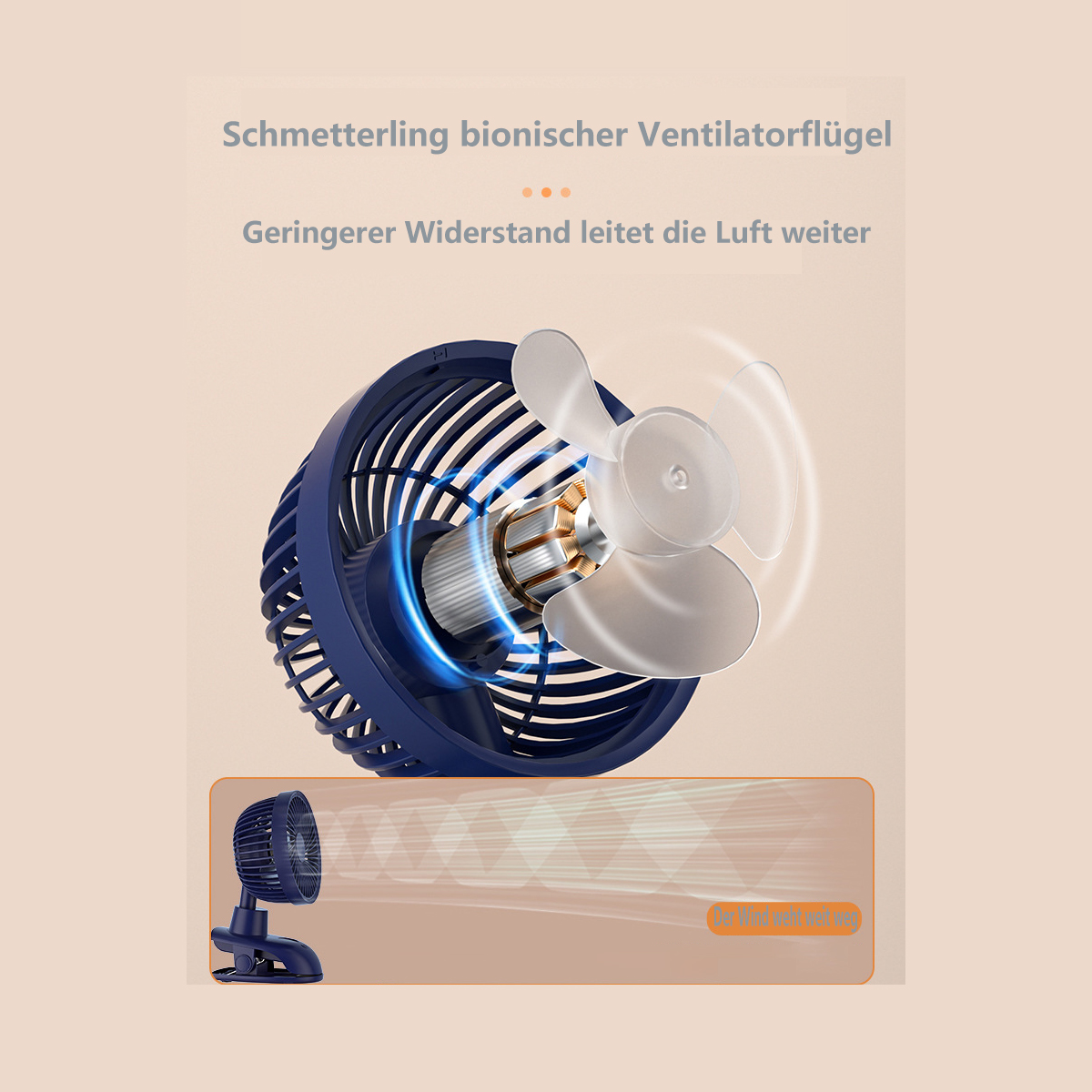 Ein kleiner blauer Ventilator mit sich drehendem Flügel und Clip-On-Basis. Beigefarbener Hintergrund.