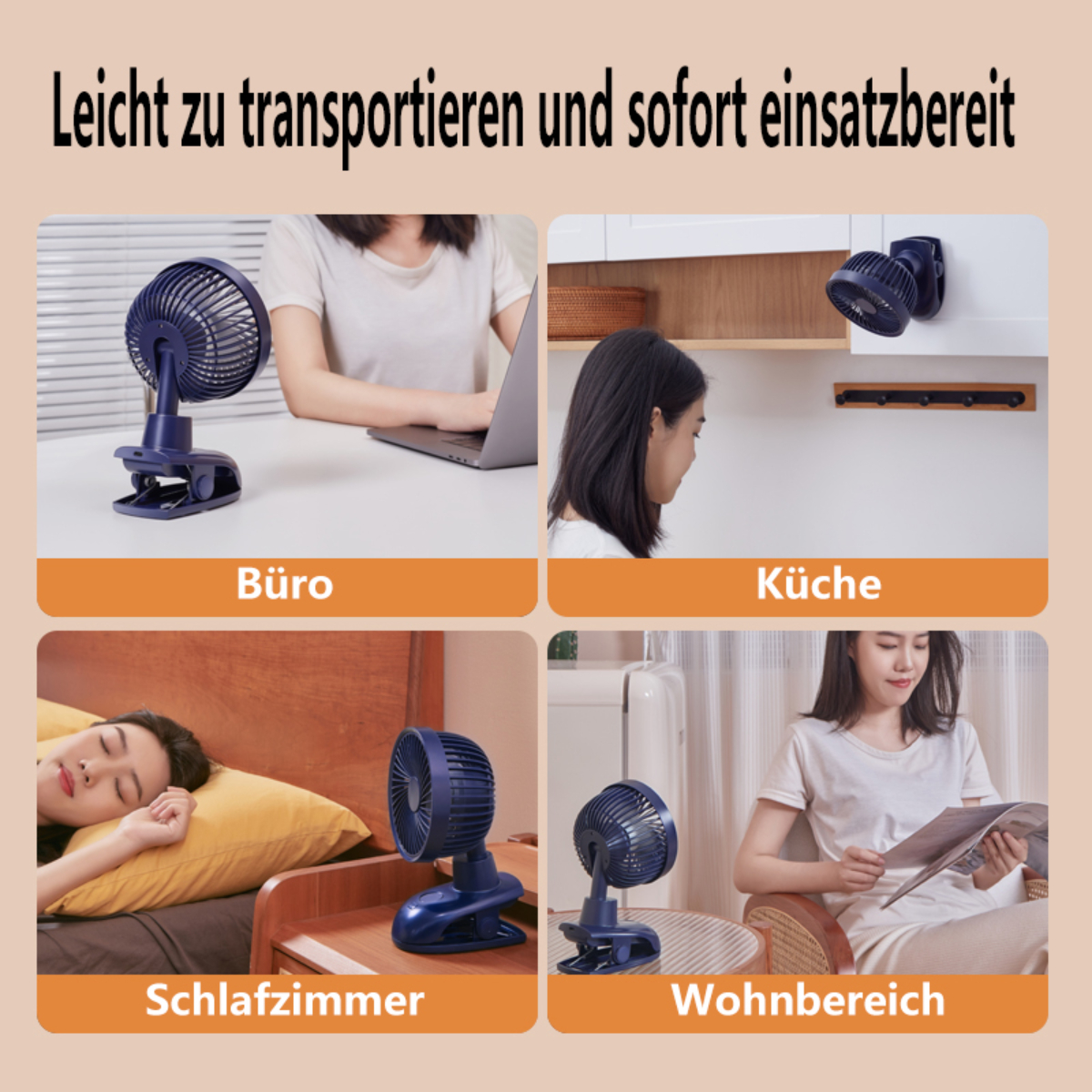 Ein blauer Clip-Ventilator in vier verschiedenen Umgebungen: Büro, Küche, Schlafzimmer und Wohnzimmer.