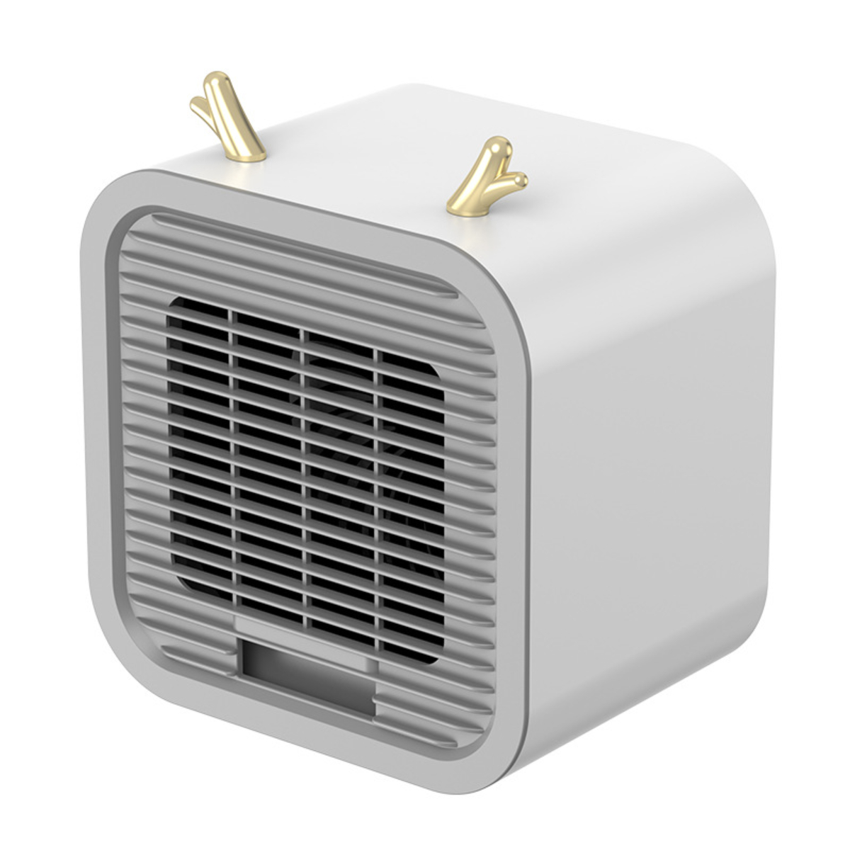 Weißer und goldfarbener würfelförmiger Luftkühler. Er hat einen Ventilator und Geweihe.