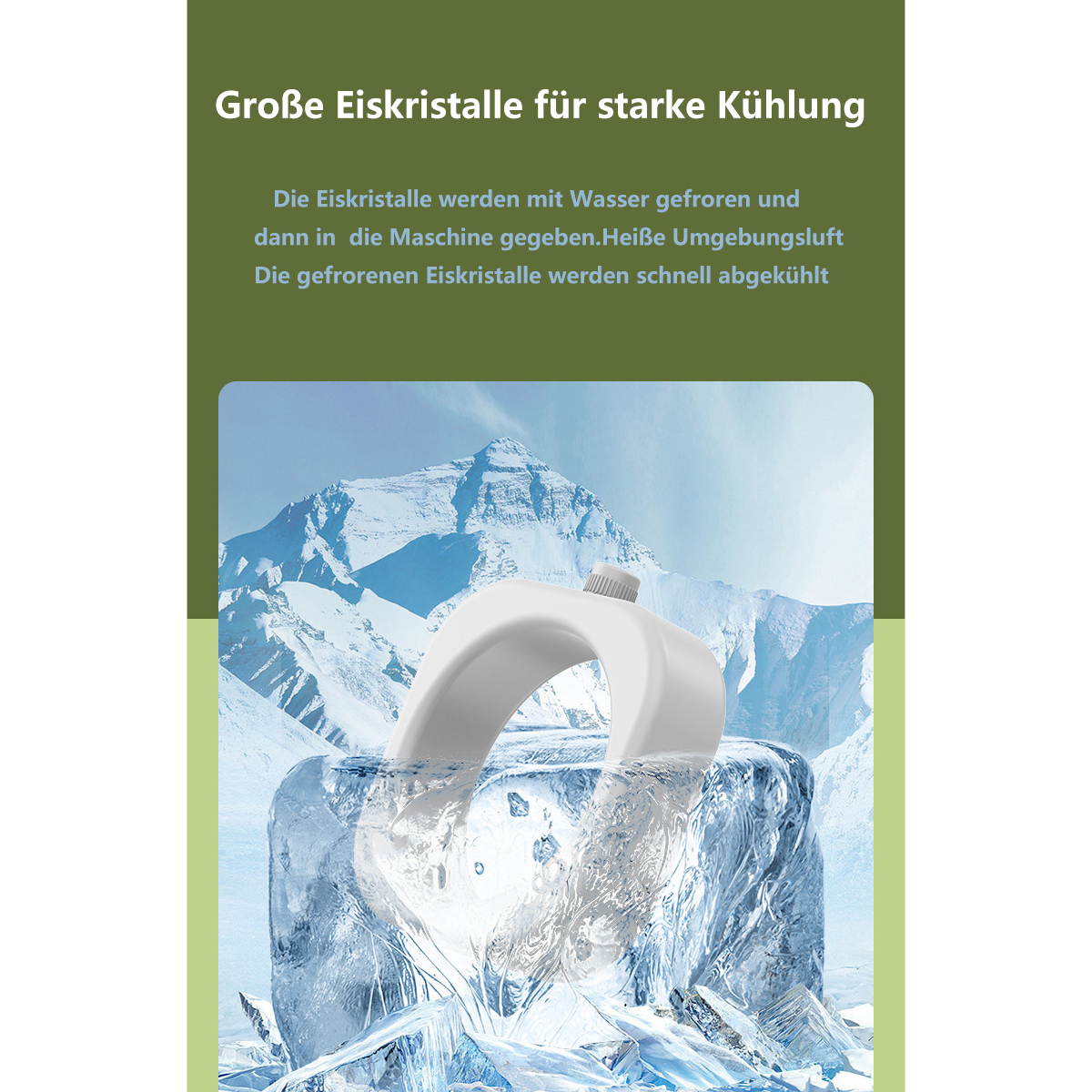 Ein Eiswürfel mit weißem Gerät, zeigt Eiskristalle und Text auf Deutsch.