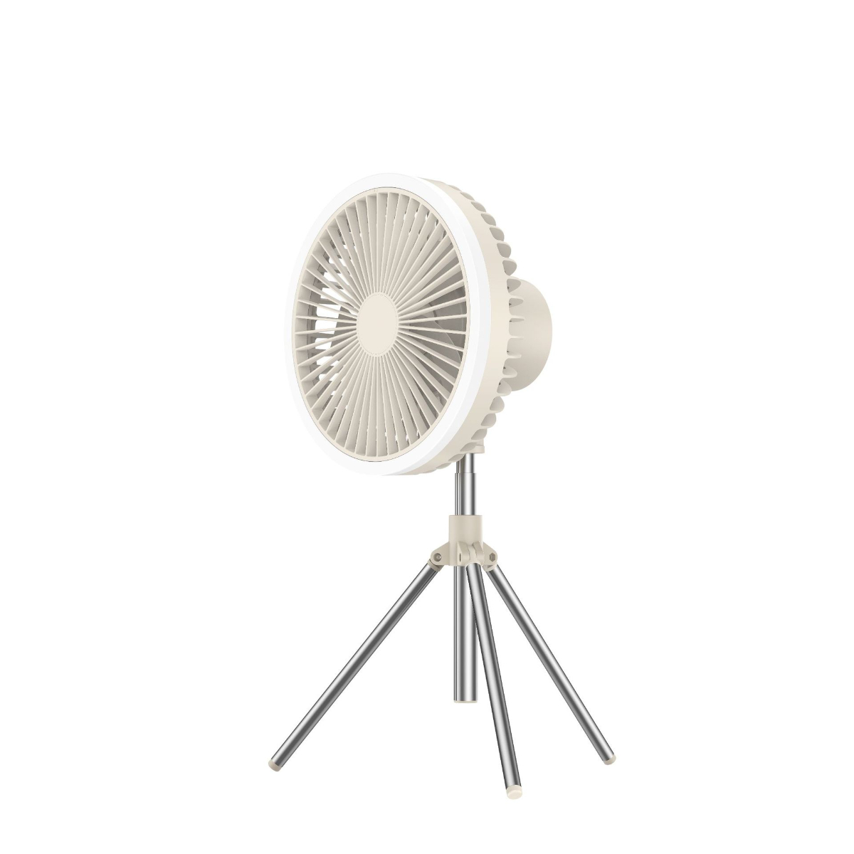 Ein weißer Ventilator auf einem Stativ, mit weißem Hintergrund. Der Ventilator hat ein kreisförmiges Design.