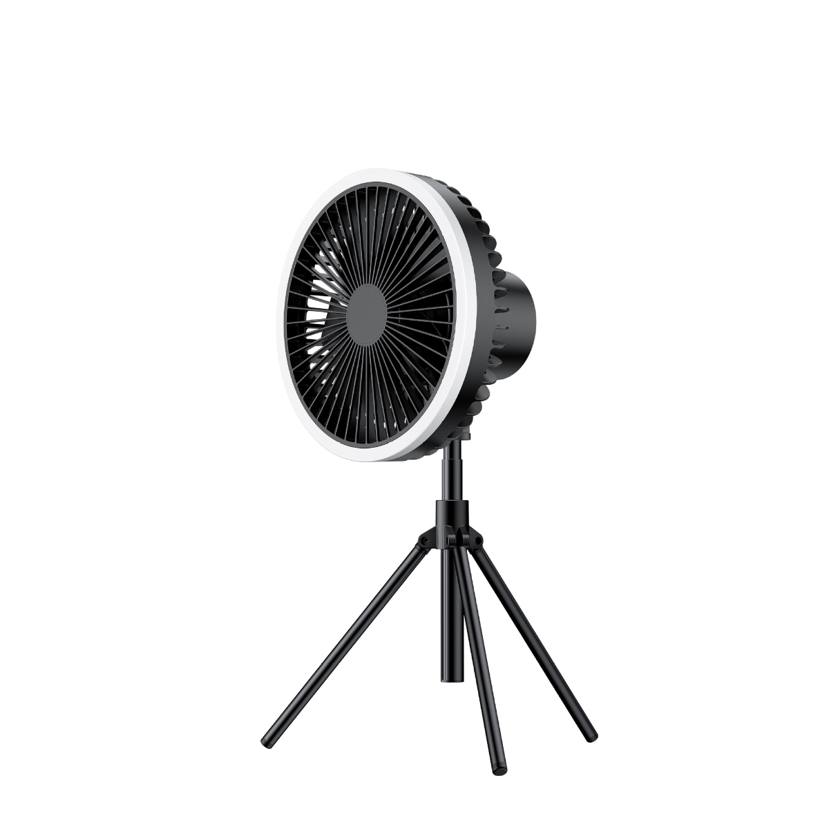 Ein schwarzer Ventilator mit weißem LED-Ring auf einem schwarzen Stativ.