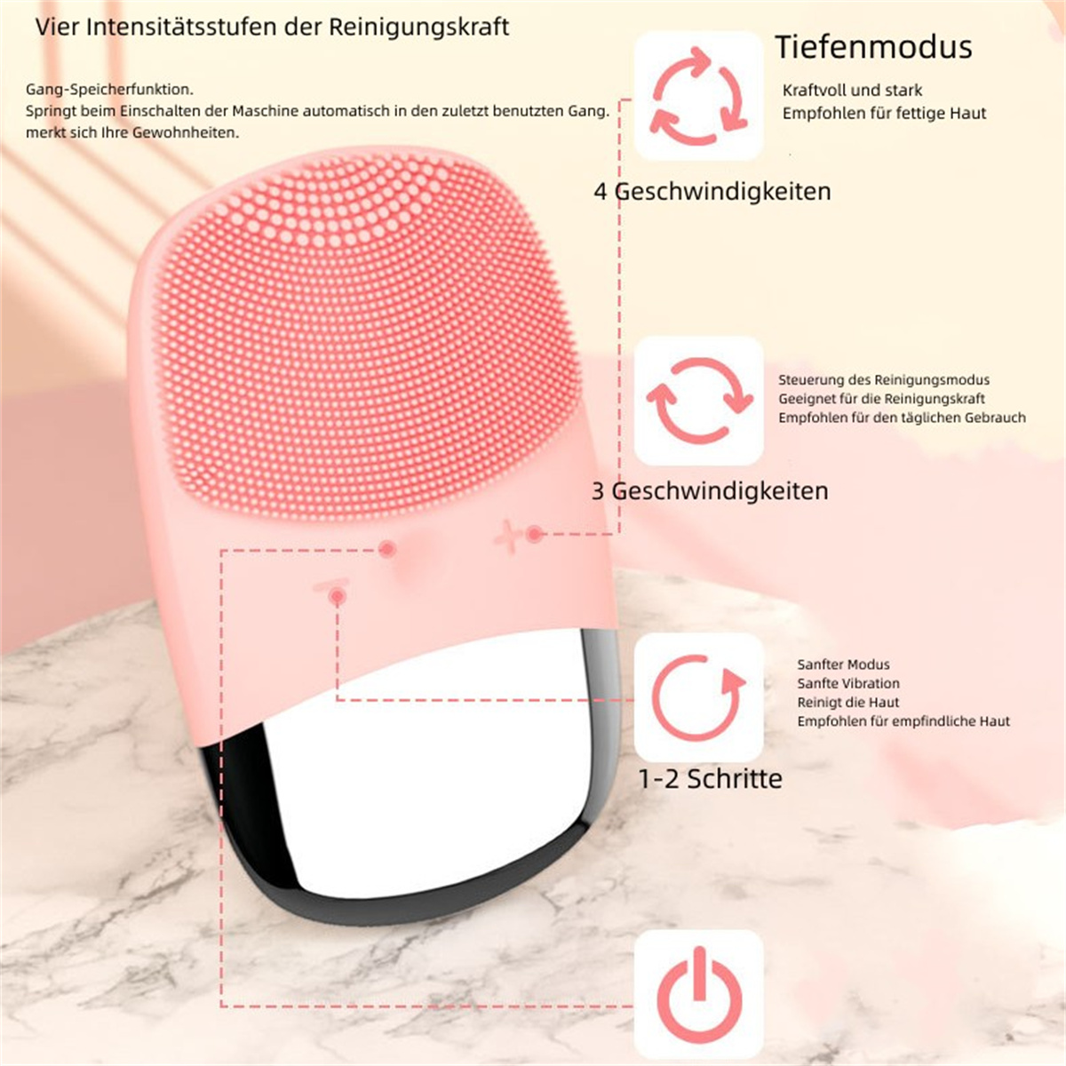 Eine pinkfarbene Gesichtsreinigungsbürste mit Knöpfen und Textbeschriftungen.