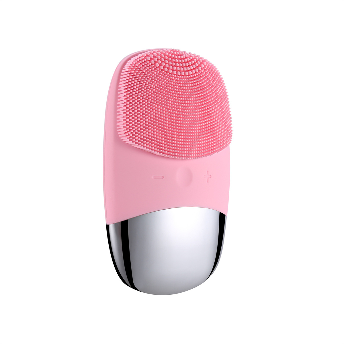 Cepillo facial rosa con cabezal de cerdas rosas y base metálica plateada.