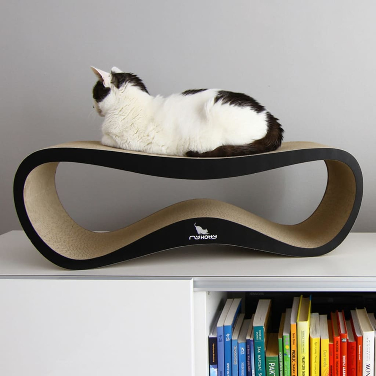 Un gatto riposa su un tiragraffi moderno con una libreria sullo sfondo. Parete grigia.