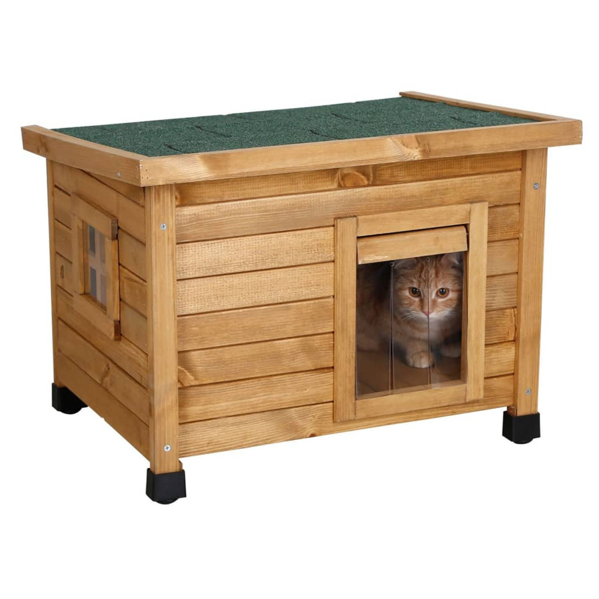 Una casa de gato de madera con techo verde, y un gato mirando por la ventana.