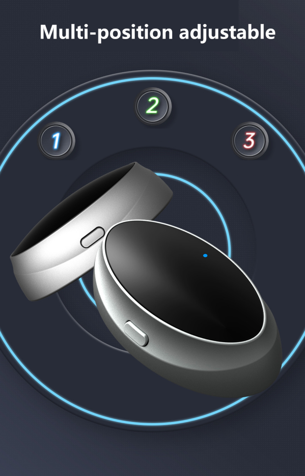 Zwei Smart Rings, einer weiß und einer schwarz, mit blauem Licht. Der Text Multi-position adjustable ist sichtbar.