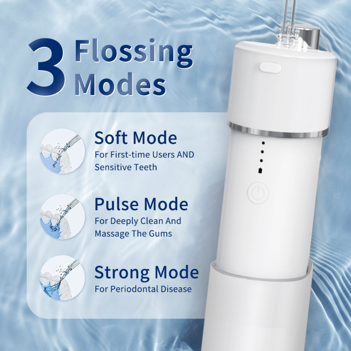 Zahnwasser-Flosser mit drei Modi: sanft, Puls und stark, mit zugehörigem Text.