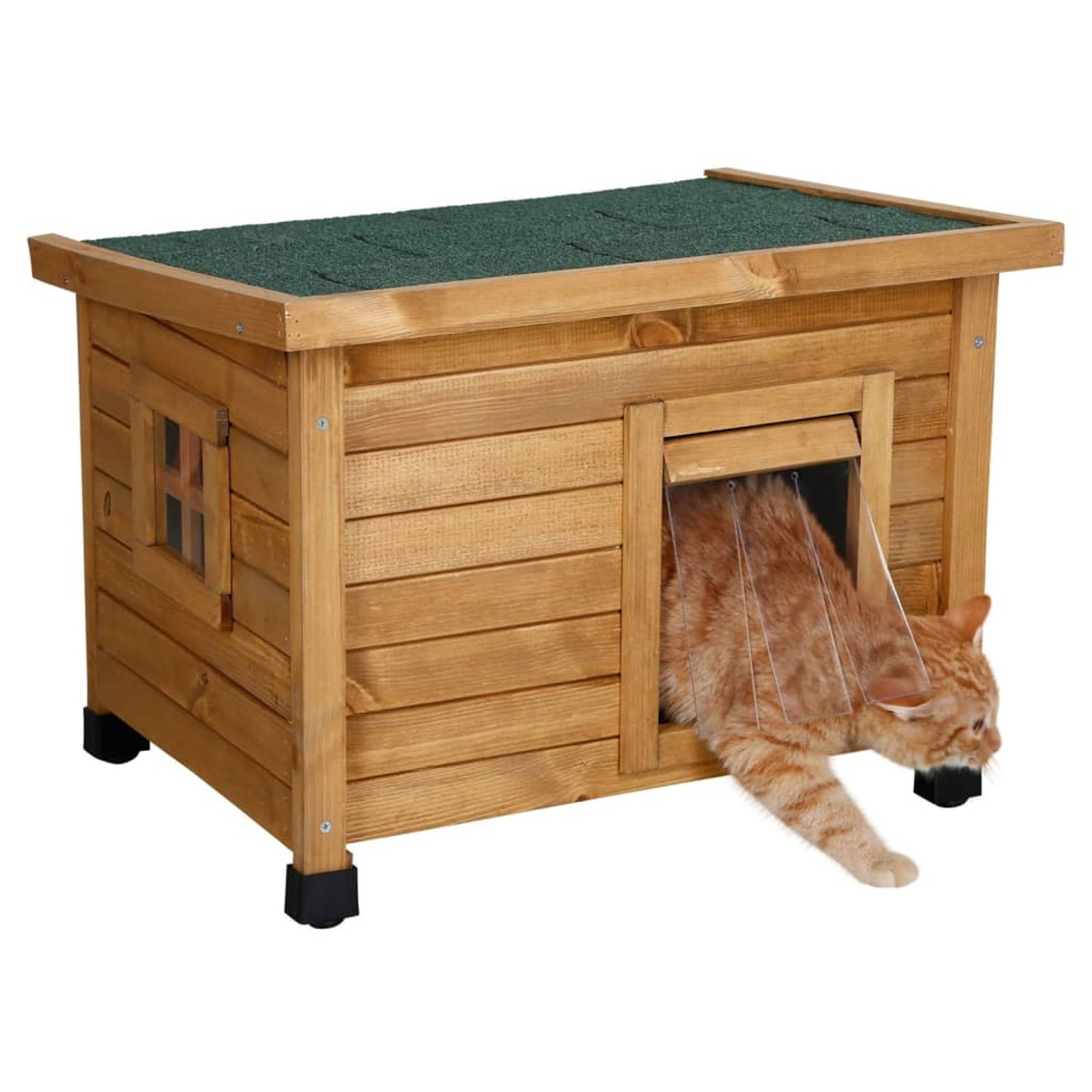 Casa de gato de madera con un gato saliendo. El techo es verde. La casa tiene una pequeña ventana.