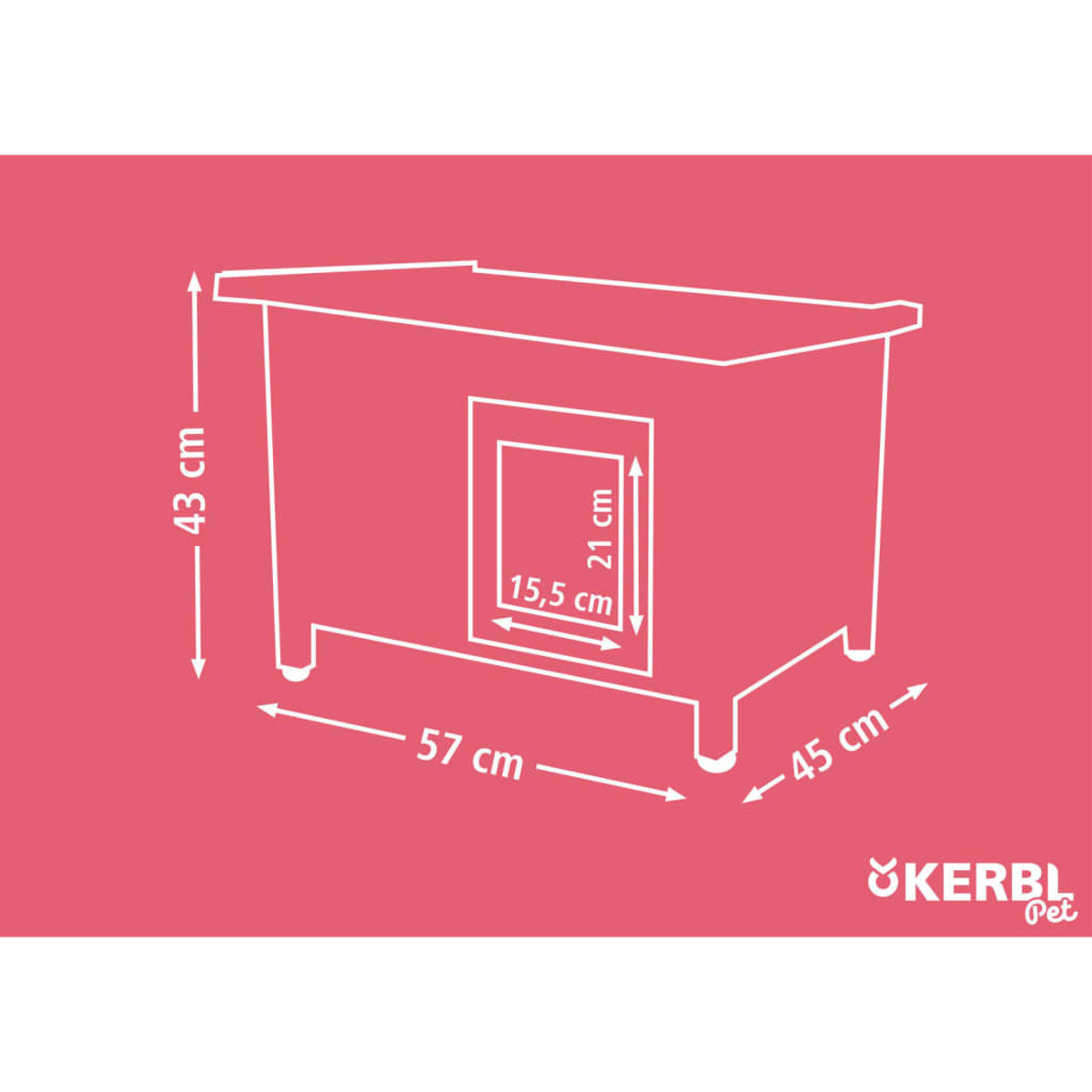Diagrama rosa de una caseta para perros con dimensiones: 43 cm de altura, 57 cm de ancho, 45 cm de profundidad y una puerta de 15,5x21 cm.