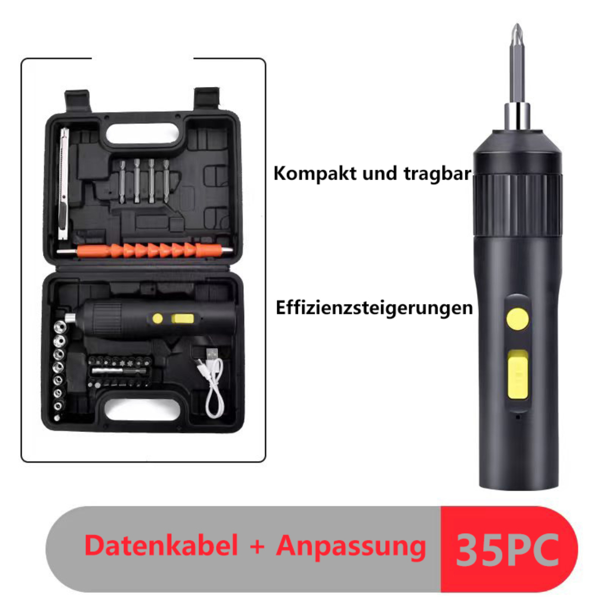 Ein schwarzer Werkzeugkasten mit Werkzeugen und einem Elektroschrauber. Text auf Deutsch: 'Kompakt und tragbar'.