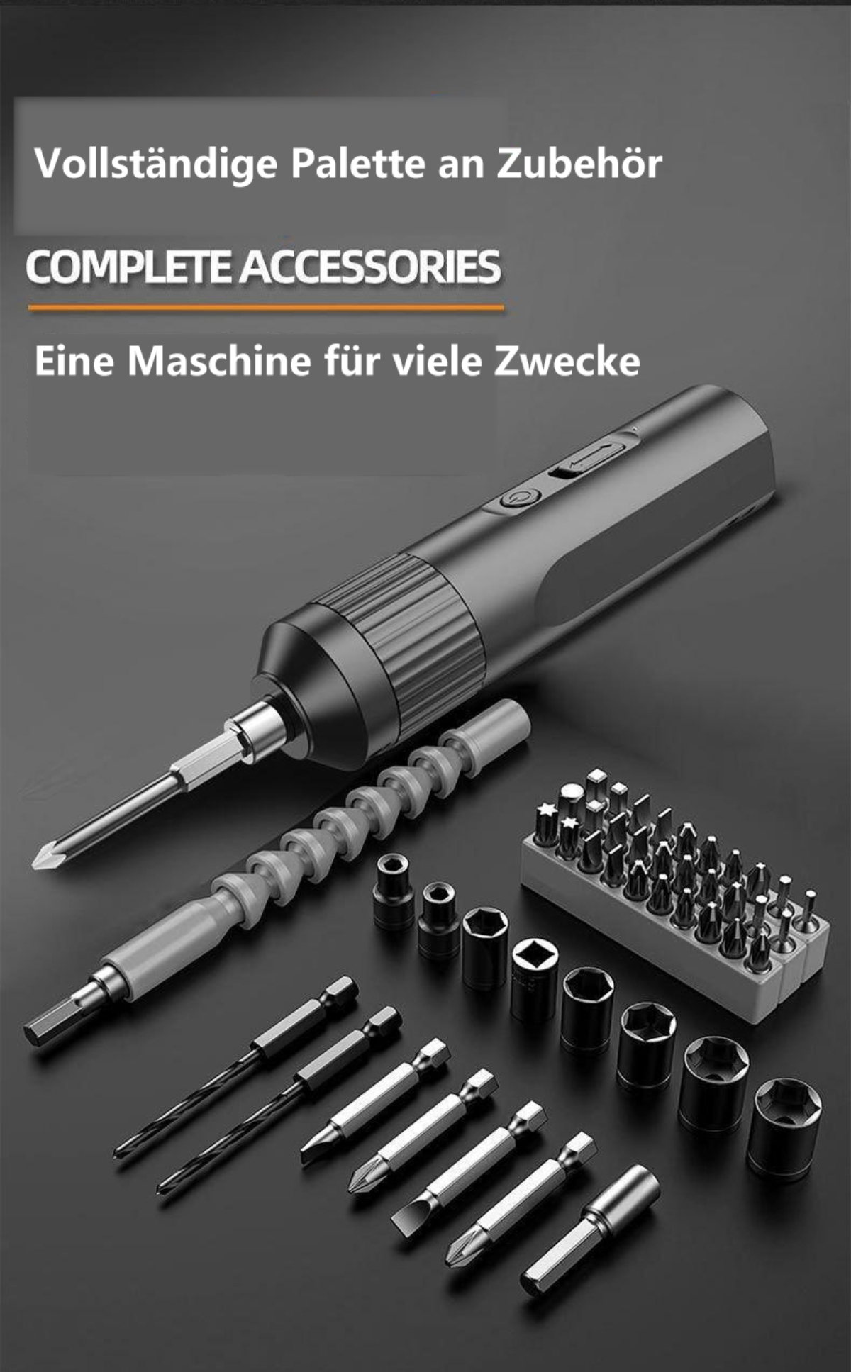 Komplettes Zubehör und ein schwarzer Schraubendreher mit mehreren Bits auf schwarzem Untergrund.