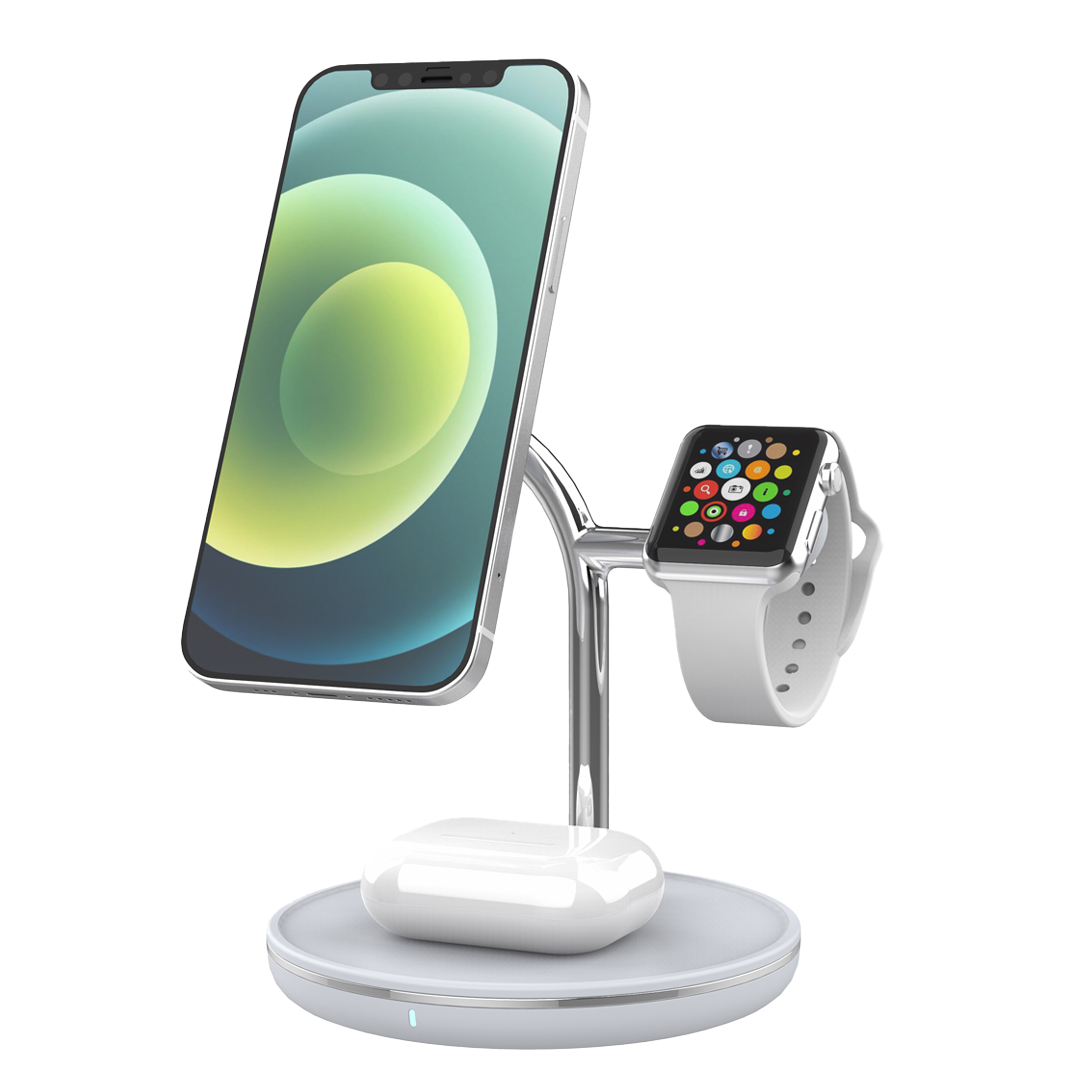 Stacja ładująca z telefonem, zegarkiem i słuchawkami na białej powierzchni.