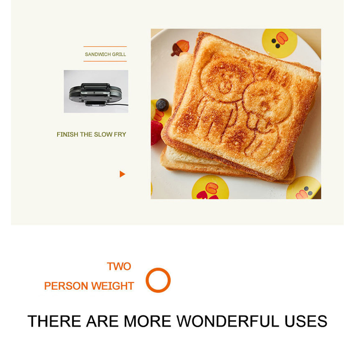 Getoastetes Brot mit Bärenmuster auf einem Teller, gezeigt mit Sandwichmaker-Symbol.