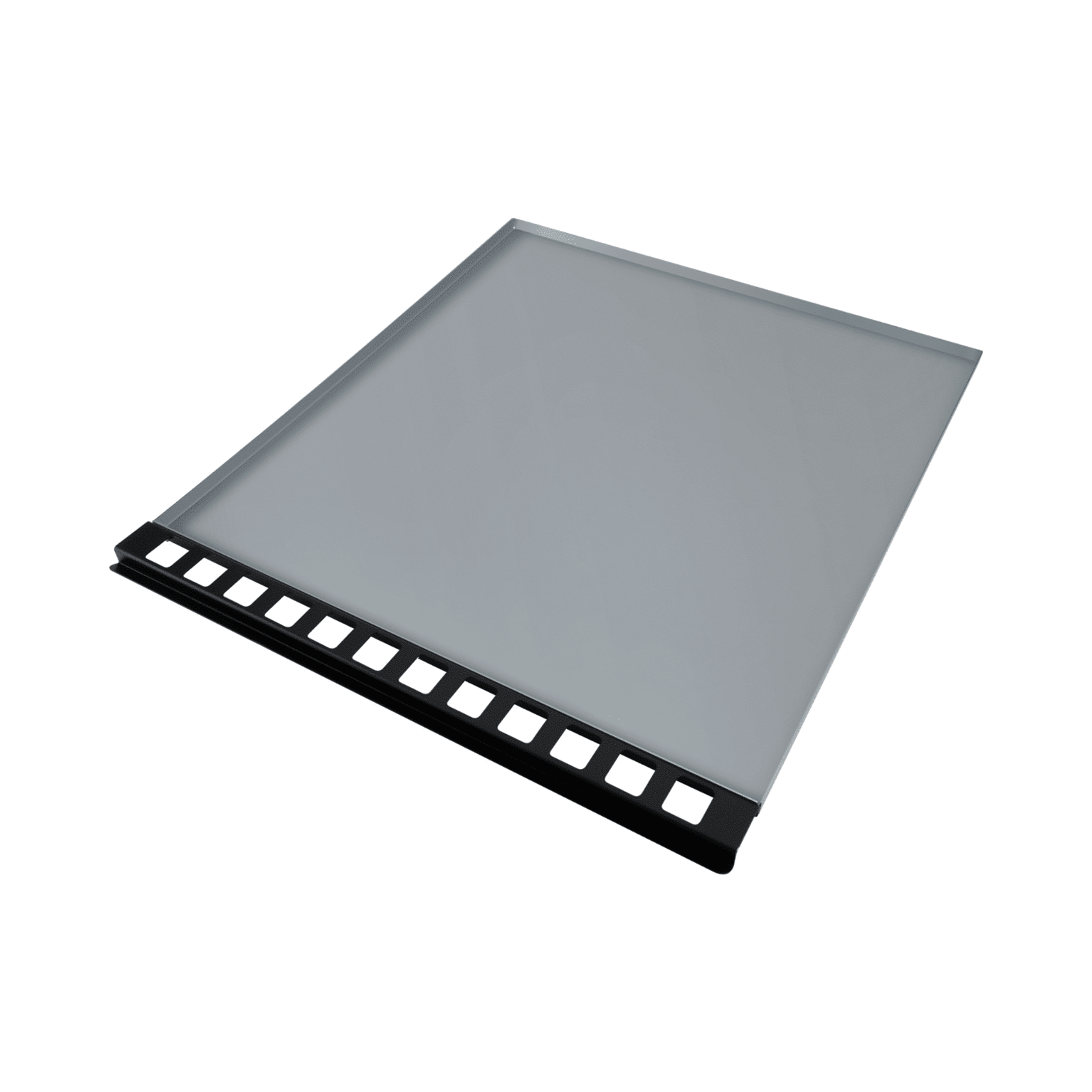 Plateau en plastique gris avec bords noirs, isolé sur fond blanc.