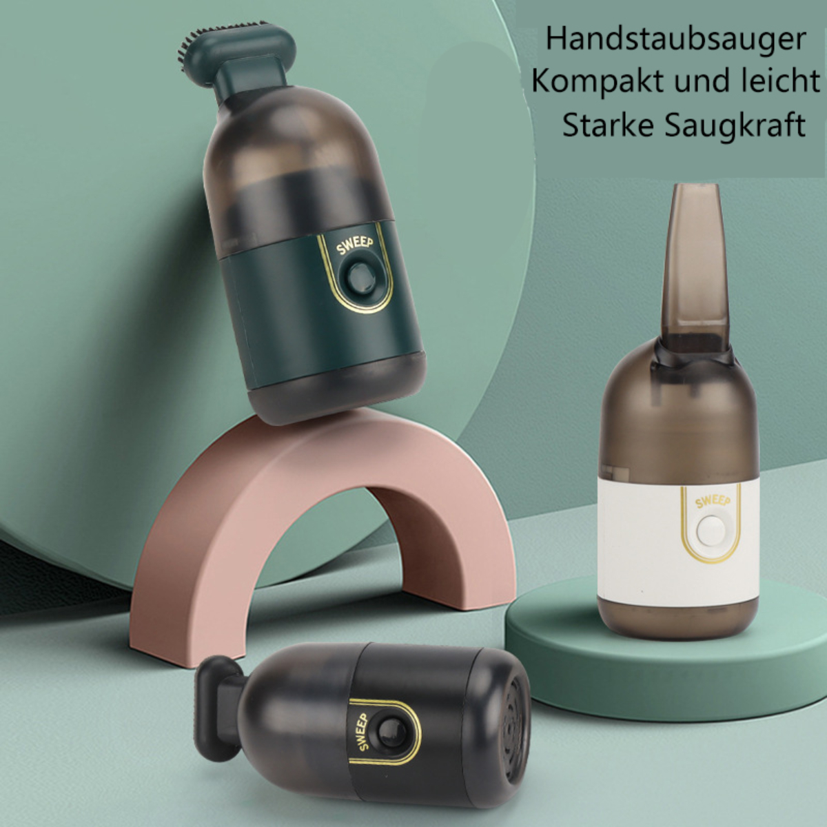 Mehrere kleine Staubsauger, grün und schwarz, brauner und rosa Hintergrund.