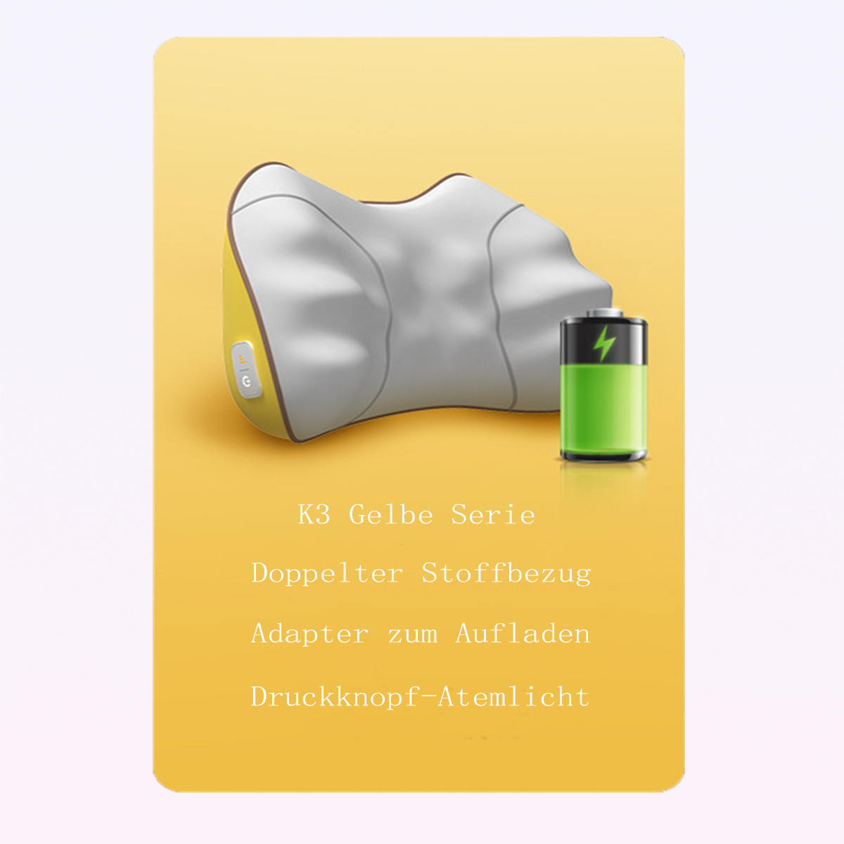 Gelbes und weißes Massagekissen mit Akkusymbol auf gelbem Hintergrund.