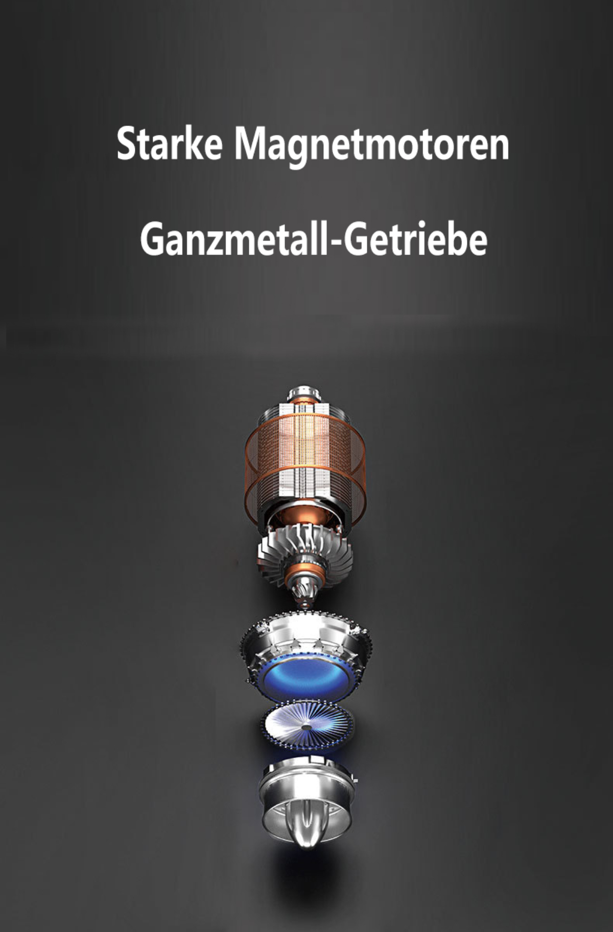 Zerlegte Teile eines Motors. Die Teile umfassen einen Rotor, Zahnräder und ein Gehäuse.