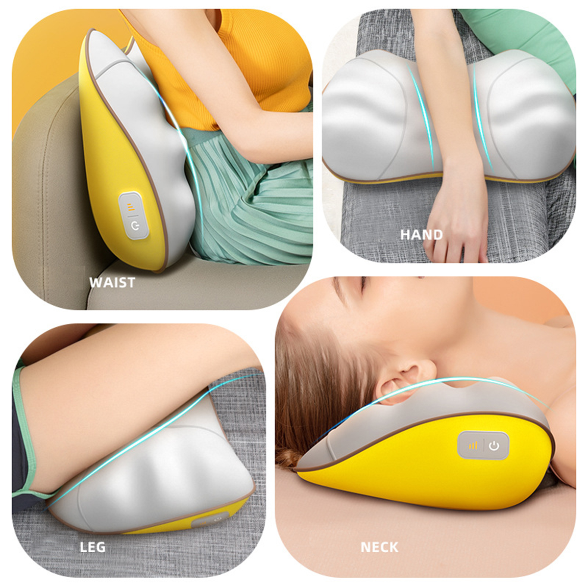 Vier Bilder, die ein Massagegerät zeigen, das an Taille, Hand, Bein und Nacken verwendet wird.