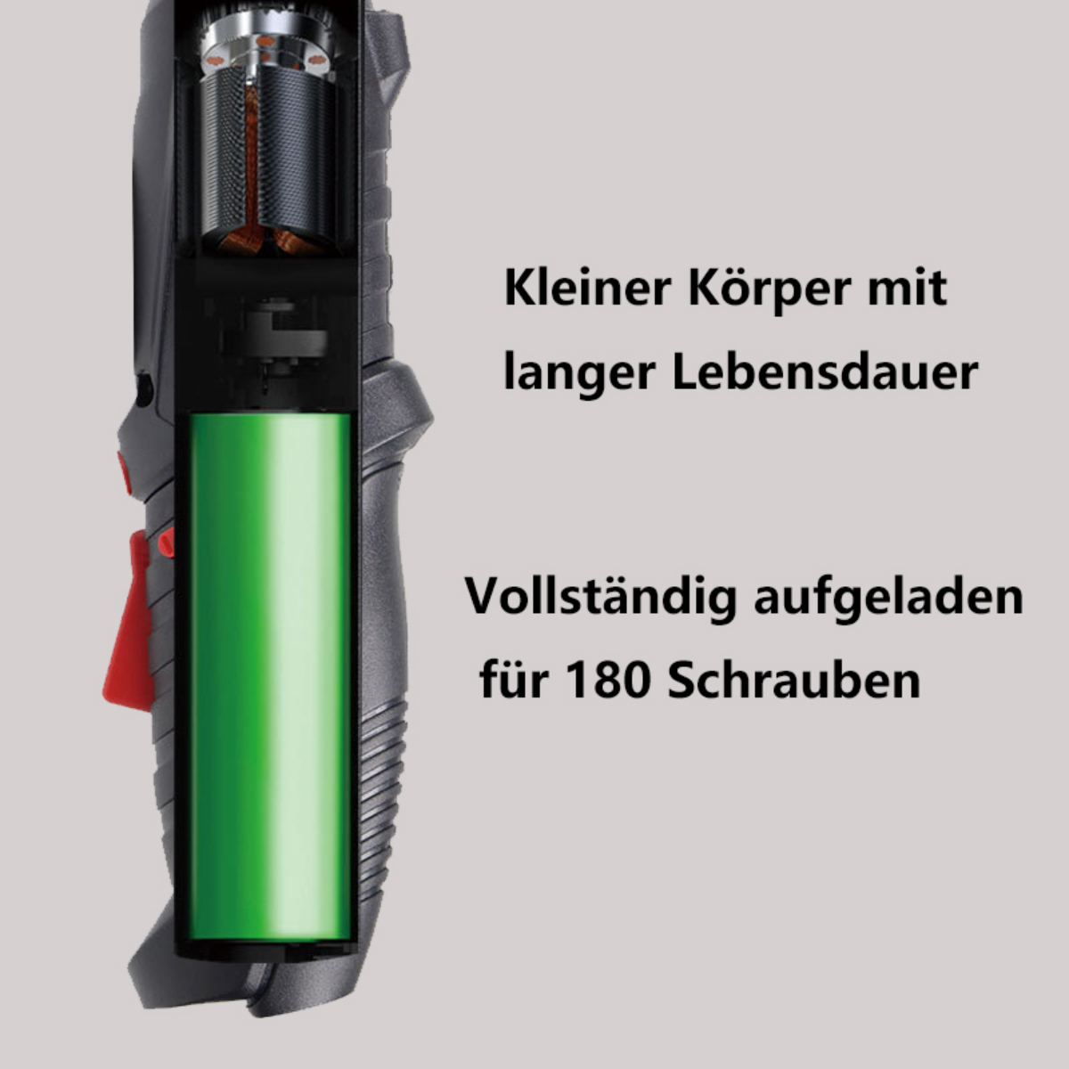 Schnittansicht eines Werkzeugs mit grüner Batterie, zeigt interne Komponenten.
