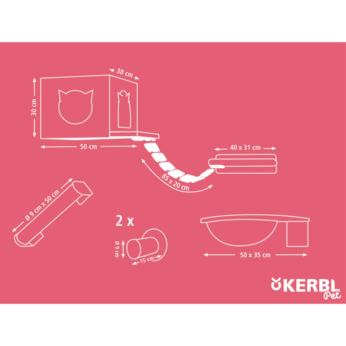 Diagramm mit Katzenhaus- und Bettmaßen mit Text und Linien auf rosa Hintergrund.