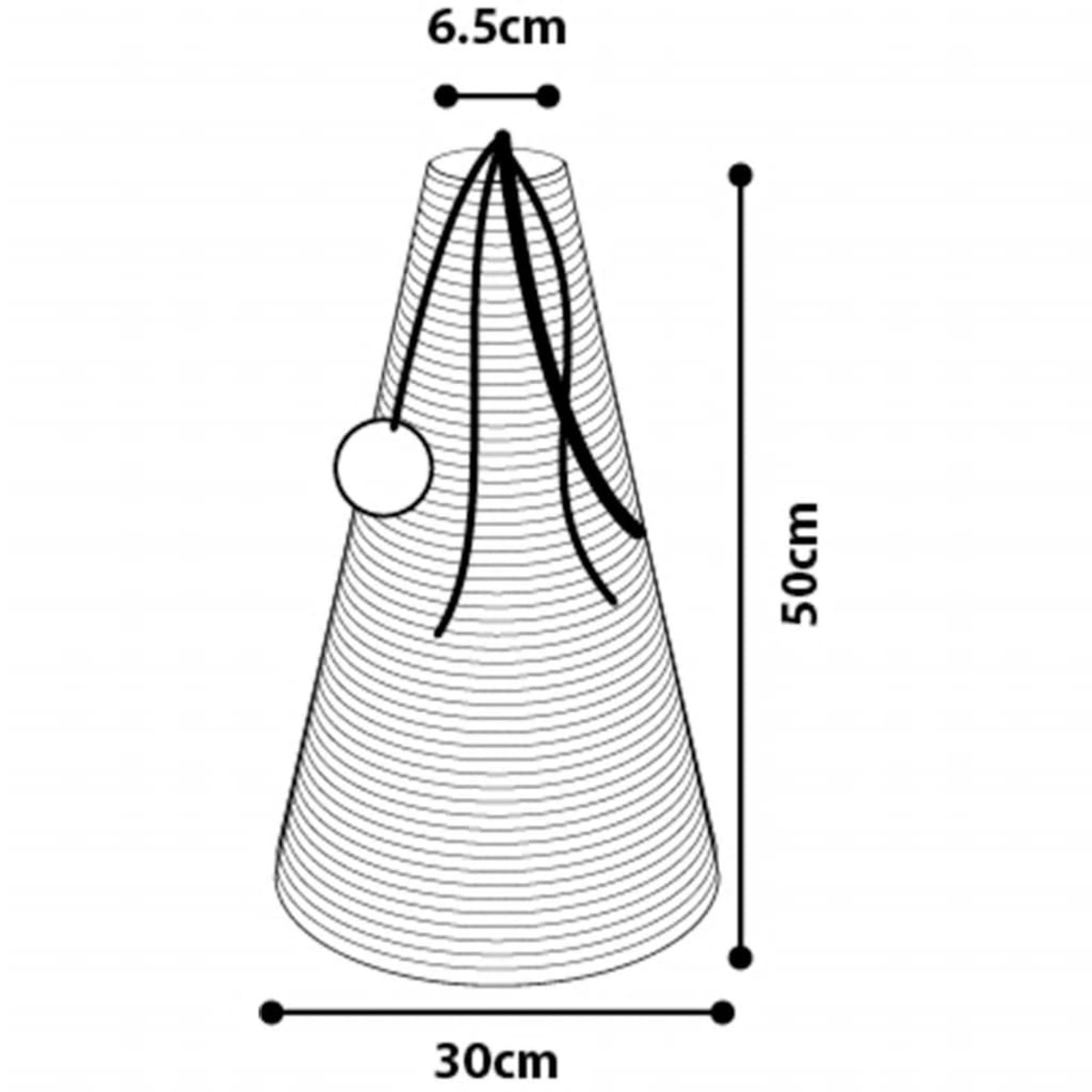 Strichzeichnung einer Lampe mit Maßen: 6,5cm oben, 30cm unten und 50cm Höhe.