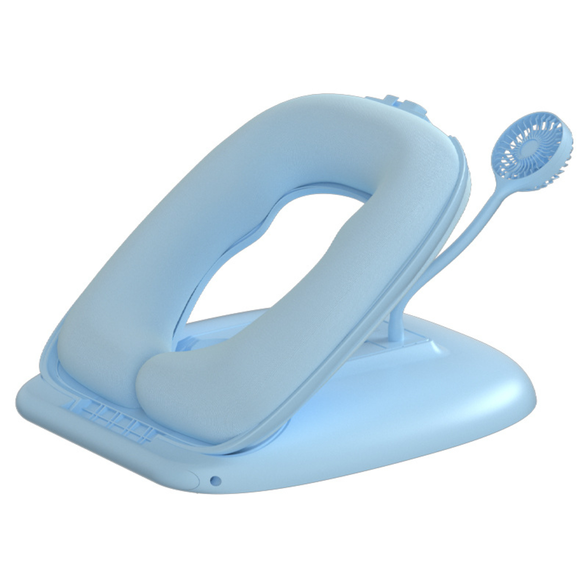 Blauer Nackenventilator mit Kissen. Es hat einen Ventilator und wird von einer Basis getragen.