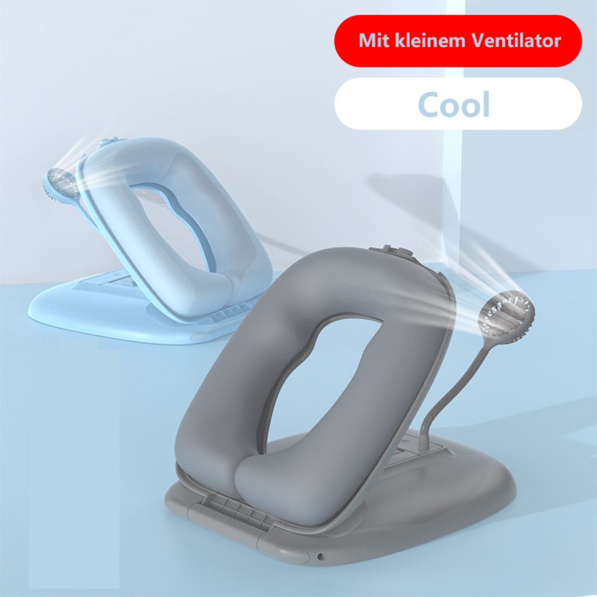 Zwei blaue und graue Nackenstützventilatoren. Der Text lautet 'Mit kleinem Ventilator' und 'Cool'.