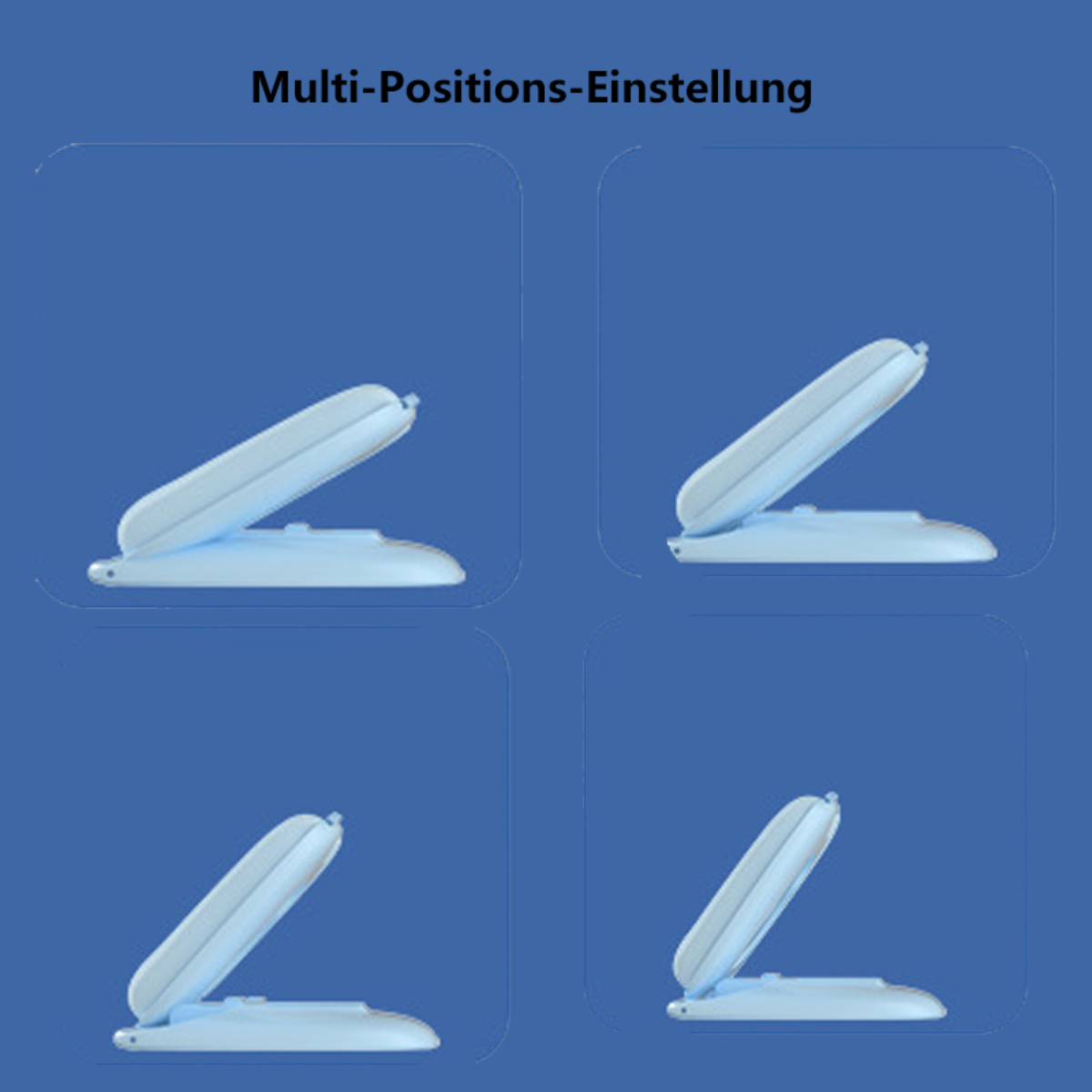 Vier hellblaue Objekte in verschiedenen Positionen auf blauem Hintergrund. Text oben.