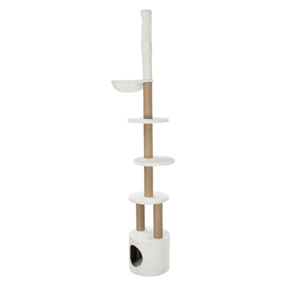 Un árbol para gatos blanco alto con múltiples plataformas y una cueva, sobre fondo blanco.