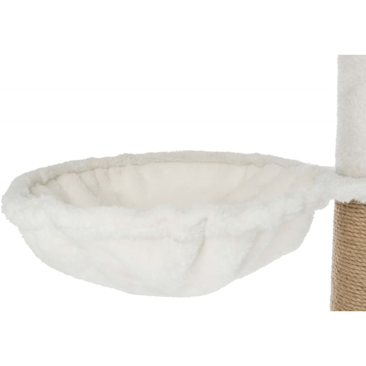 Una cama para gatos blanca con interior mullido y soporte envuelto en cuerda.