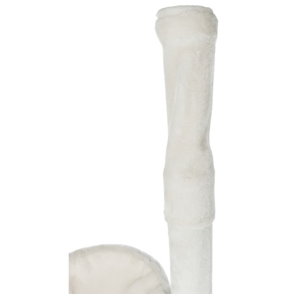Un árbol para gatos blanco con un poste alto, curvo y blanco y una base redonda. Fondo blanco.
