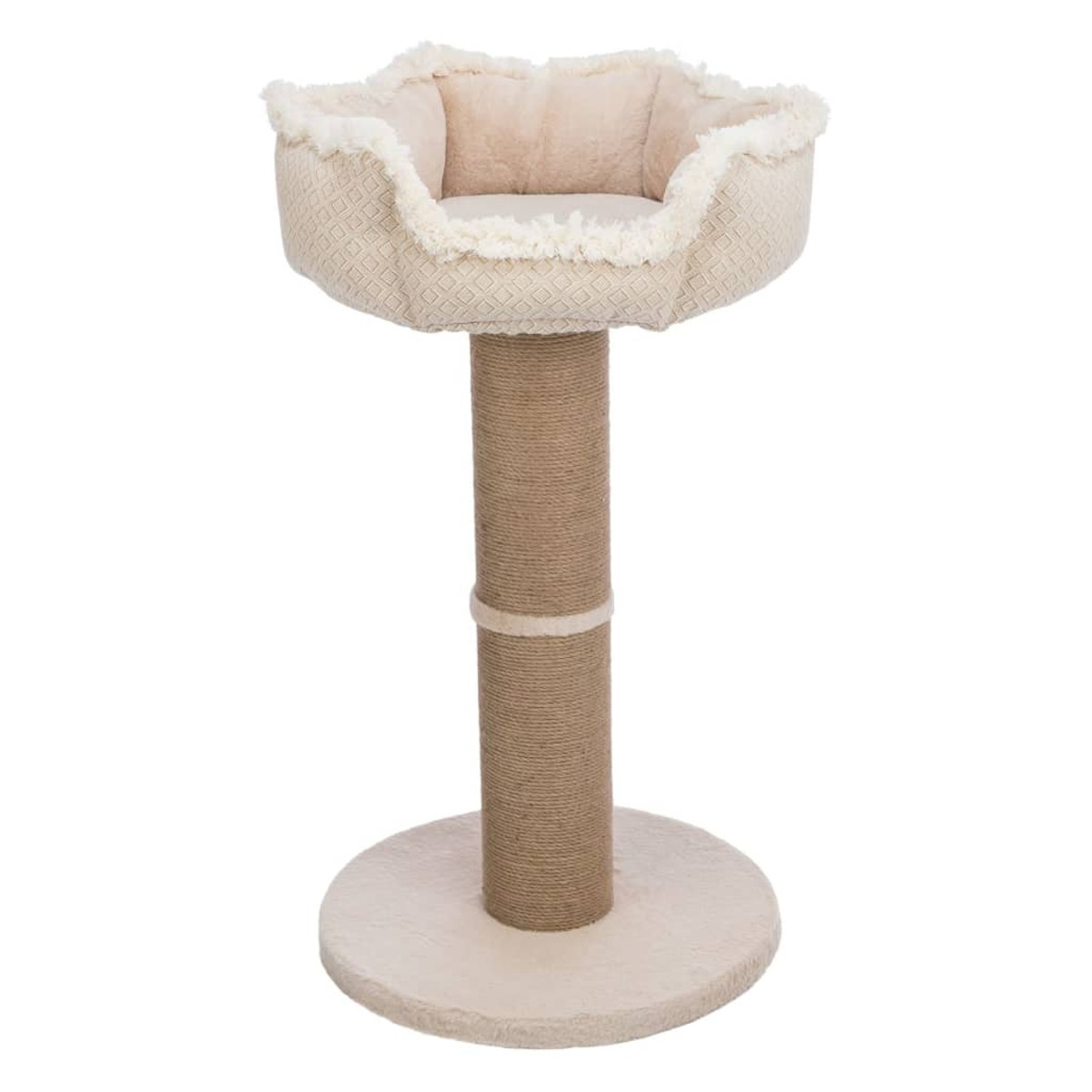 Albero per gatti beige con base rotonda, tiragraffi e letto. Sfondo bianco.