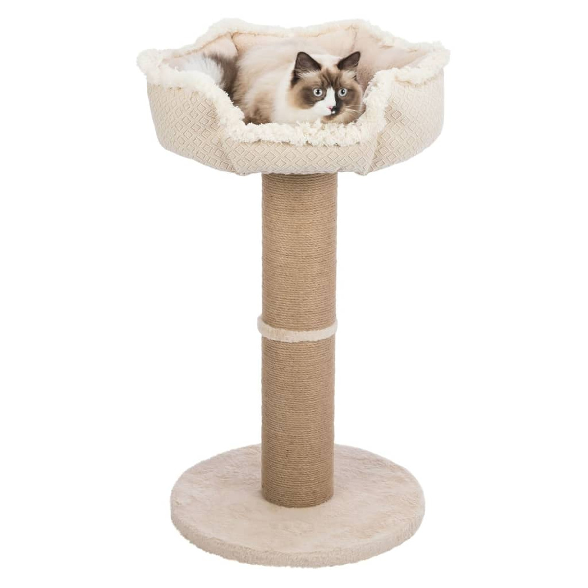 Un gatto in una cuccia beige sopra un tiragraffi.