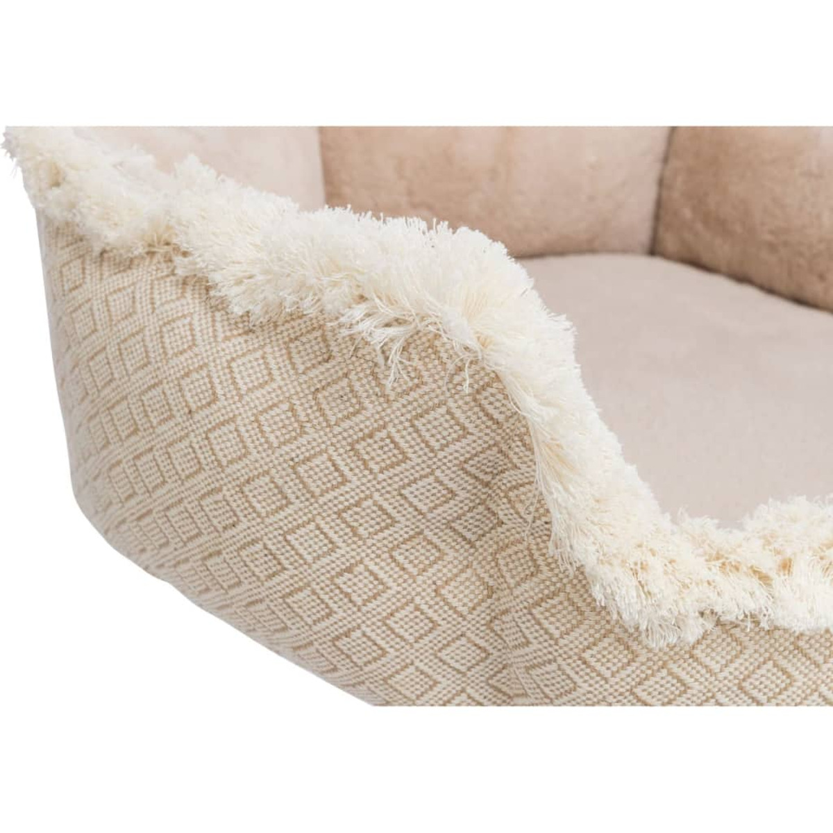 Cuccia beige con motivo a rombi e bordi con frange.