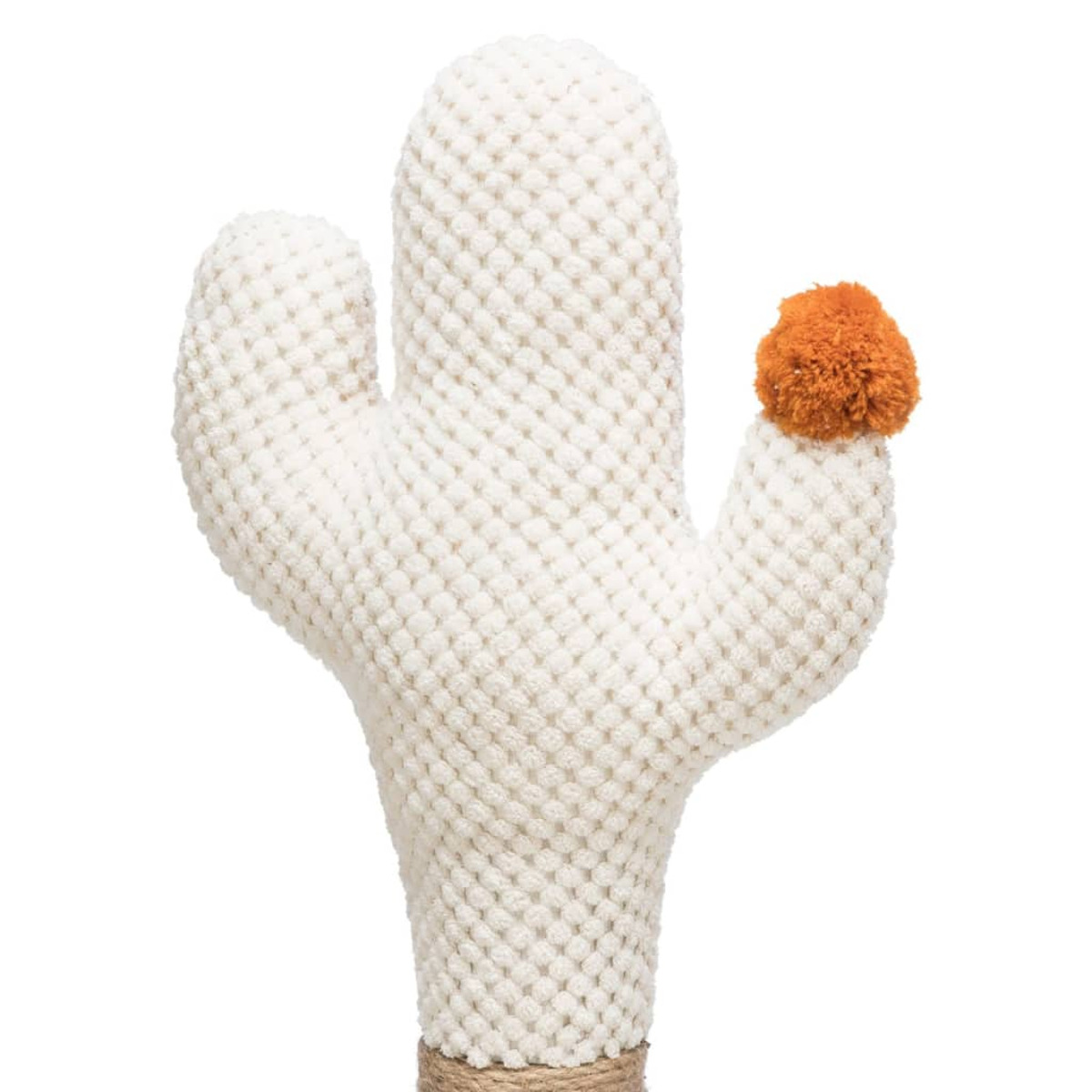 Ein weißer, kaktusförmiger Kratzbaum mit einem orangefarbenen Pompon oben.