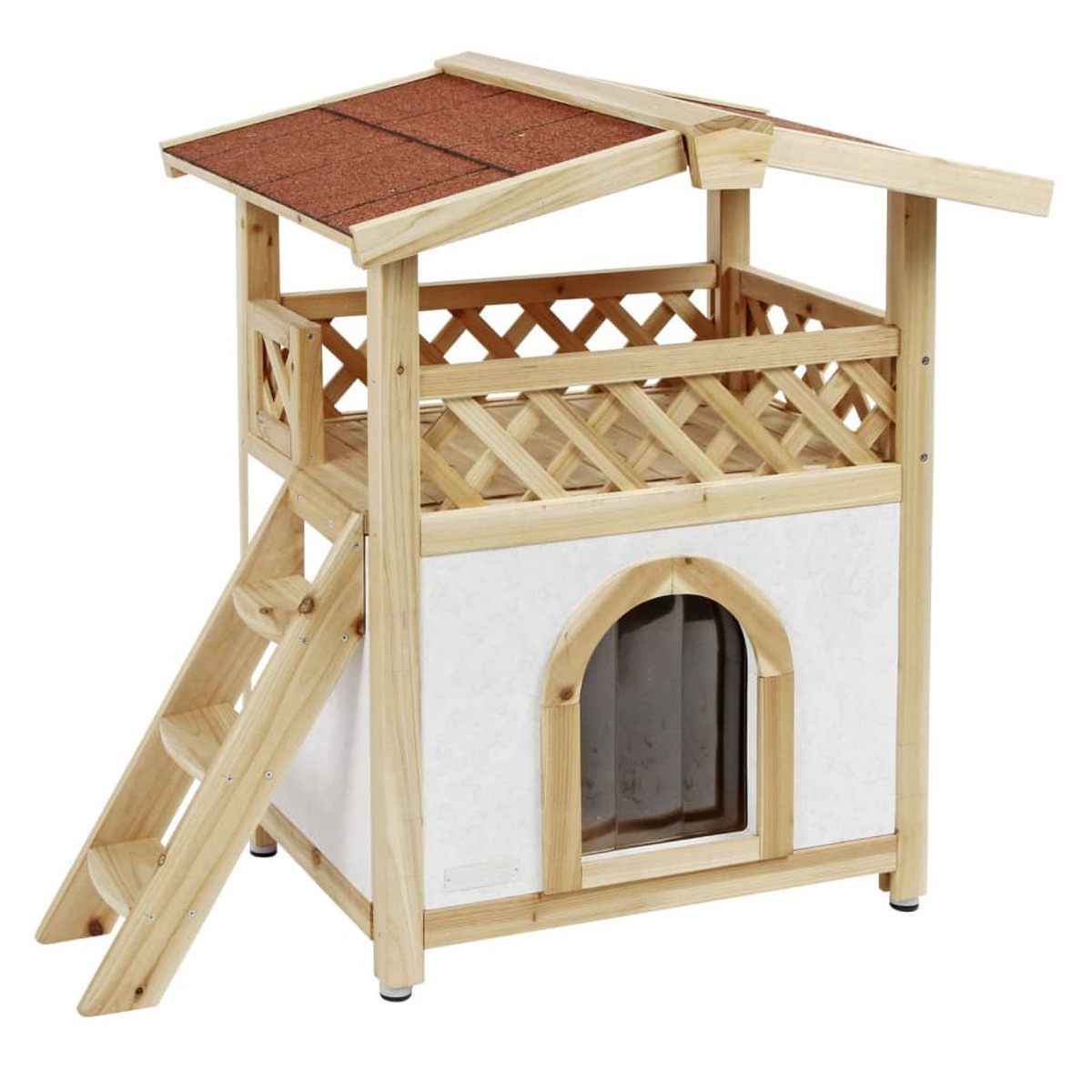 Katzenhaus aus Holz mit rotem Ziegeldach, kleiner Leiter und Bogeneingang. Mit Balkon.