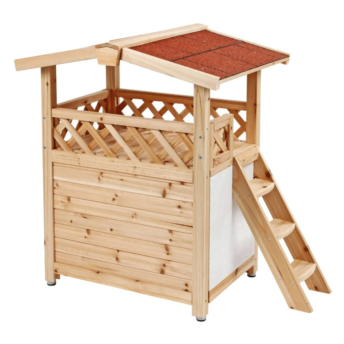 Holzspielhaus mit rotem Dach und Leiter. Hellbraunes Holz wird für das Design verwendet.
